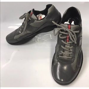 Prada Mens Gray patent leather & silver mesh 12.5